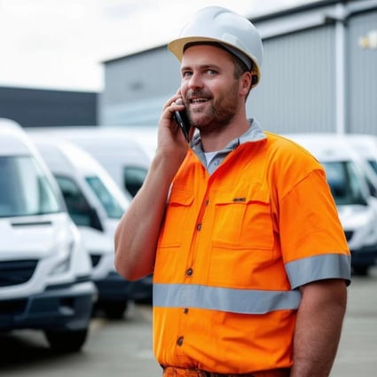 A tradesperson on the phone with a fleet of white vans behind them 2