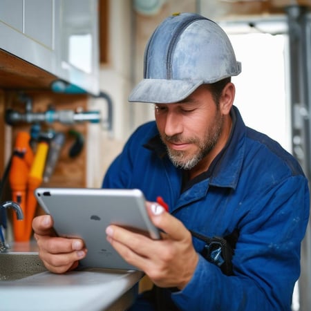 A plumber looking at an iPad