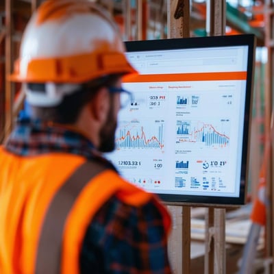 A tradesperson looking at at HubSpot data on a screen on a construction site