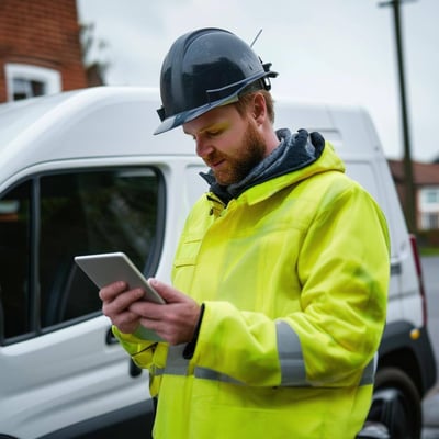 Tradesperson with a white van UK looking at their iPad