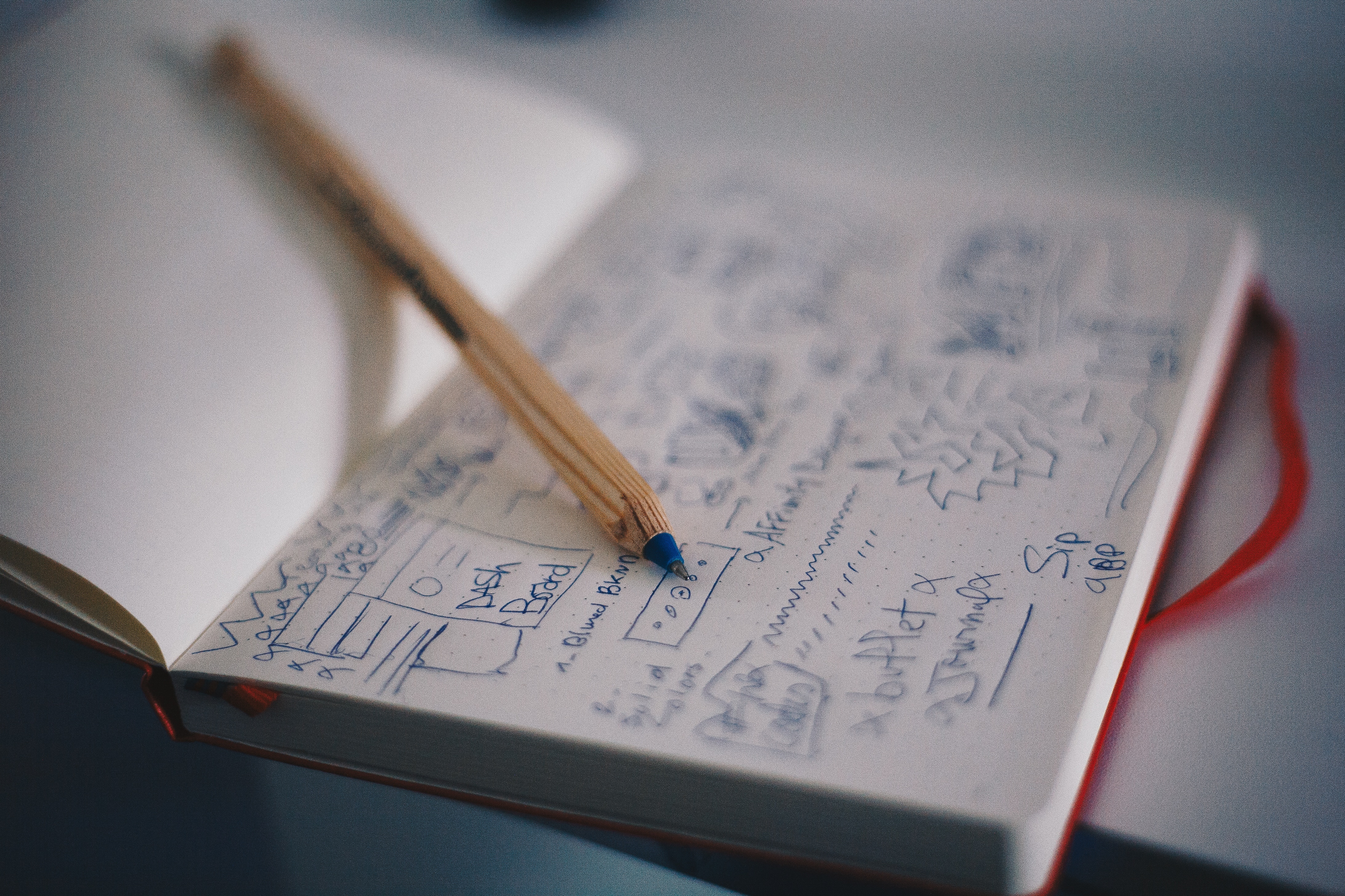 A notebook and pen with pans drawn out